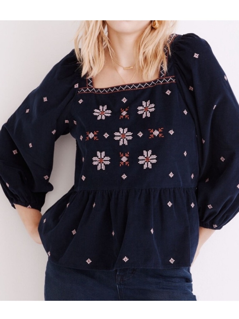 Madewell Navy Corduroy Peasant Blouse with Pink Embroidery S